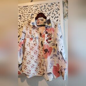 DESIGUAL FLORAL EMBRIDERY WOMENS BUTTON DOWN SHIRT 100% COTTON SIZE LARGE